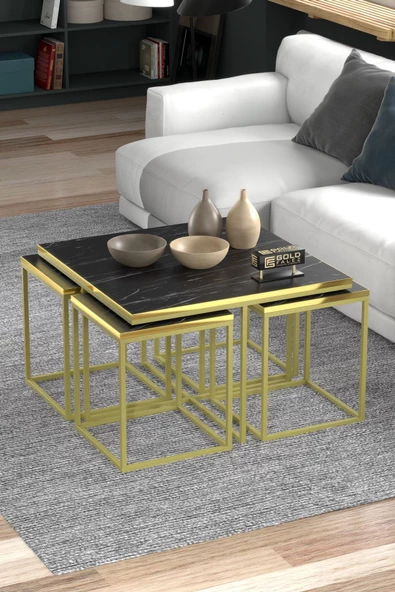 Orta Sehpa Ve Zigon Sehpa 5'li Lüx Set Altın Bendir - Resim 4