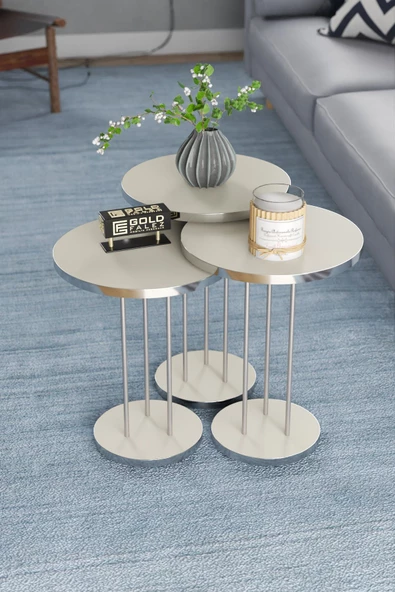 ORTA SEHPA VE ZİGON SEHPA TERRA SET GÜMÜŞ KREM - Resim 2