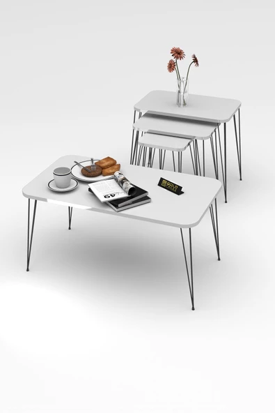 Zigon Sehpa Kr Ve Orta Sehpa Kr Set Gümüş Beyaz Tel Ayak Siyah ürün görseli 1