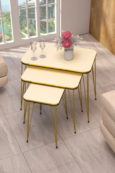 Zigon Sehpa Kr Ve Orta Sehpa Kr Set Çift Gold Krem Tel 1114