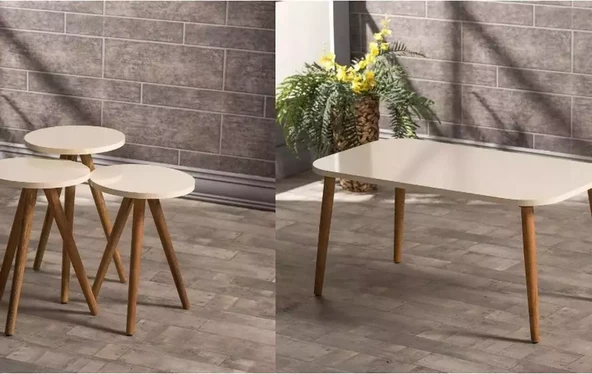 Zigon Sehpa Ve Orta Sehpa Set Ahşap Kr Torna Krem