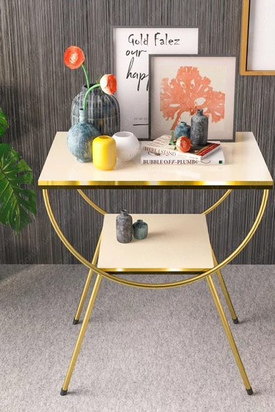 Yan Sehpa Komodin Metal Ayak Çift Gold Krem - Resim 3