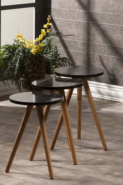 Zigon Sehpa Ve Orta Sehpa Set Ahşap Torna Elips Siyah Mermer Desen - Resim 6