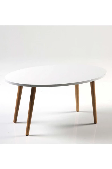 Zigon Sehpa Ve Orta Sehpa Set Ahşap Torna Elips Beyaz - Resim 6