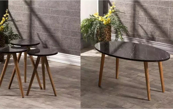 Zigon Sehpa Ve Orta Sehpa Set Ahşap Torna Elips Siyah Mermer Desen ürün görseli 1