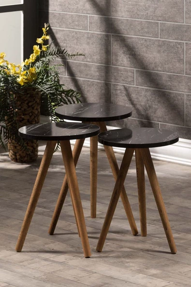 Zigon Sehpa Ve Orta Sehpa Set Ahşap Kr Torna Siyah Mermer Desen - Resim 4