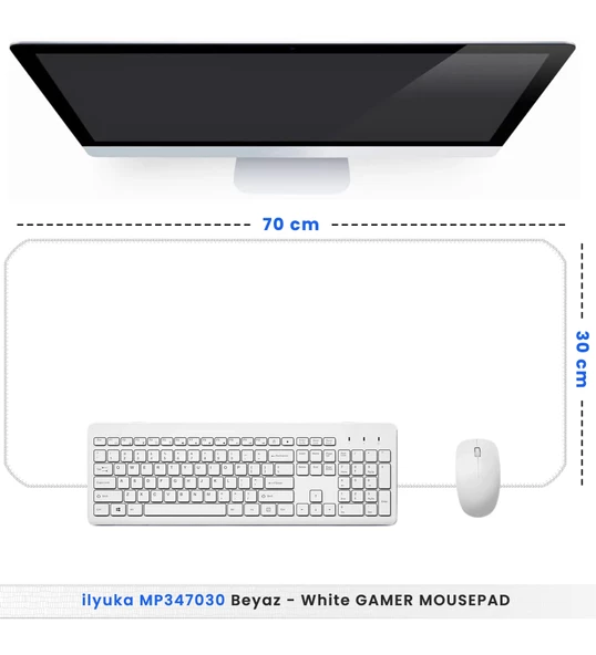 70x30 Logosuz Beyaz-White ilyuka MP347030 Büyük Boy XL Gaming Mousepad Dikişli Kenar Kaymaz Taban 70x30cm