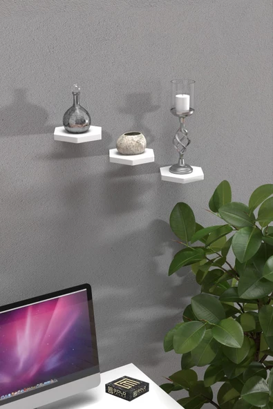 Duvar Rafı Dekoratif 3 Adet Çiçeklik Altıgen Beyaz - 3