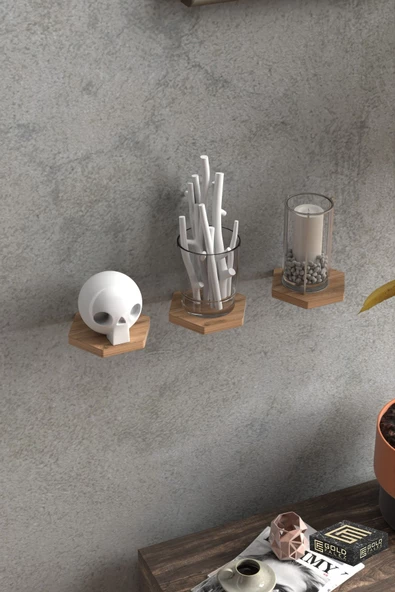 Duvar Rafı Dekoratif 3 Adet Çiçeklik Altıgen Ceviz - 2