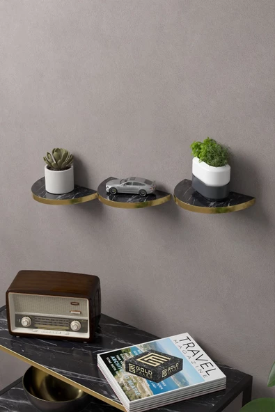 Duvar Rafı Dekoratif 3 Adet Çiçeklik Oval Altın Bendir - 2