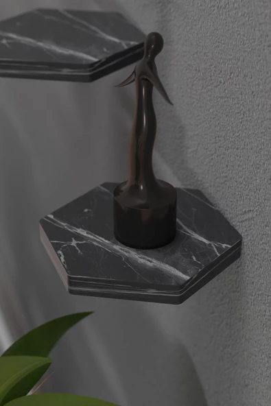 Duvar Rafı Dekoratif 3 Adet Çiçeklik Altıgen Siyah Mermer Desen - 2