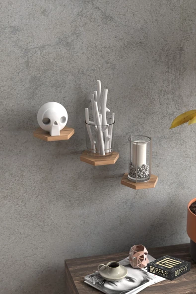 Duvar Rafı Dekoratif 3 Adet Çiçeklik Altıgen Ceviz - 3