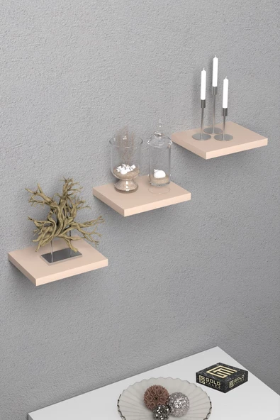 Duvar Rafı Dekoratif 3 Adet Çiçeklik Kare Krem - 2