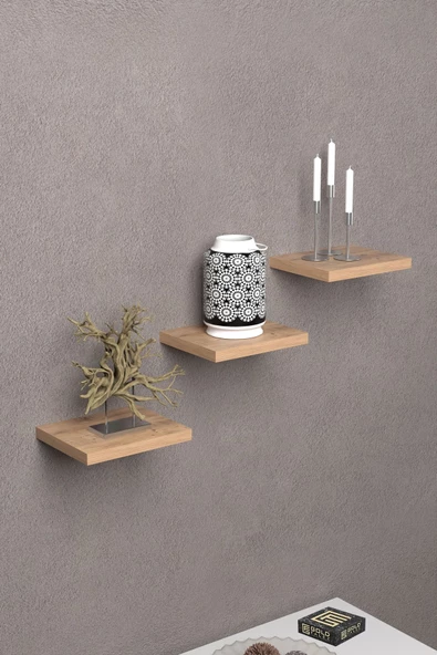 Duvar Rafı Dekoratif 3 Adet Çiçeklik Kare Ceviz - 2