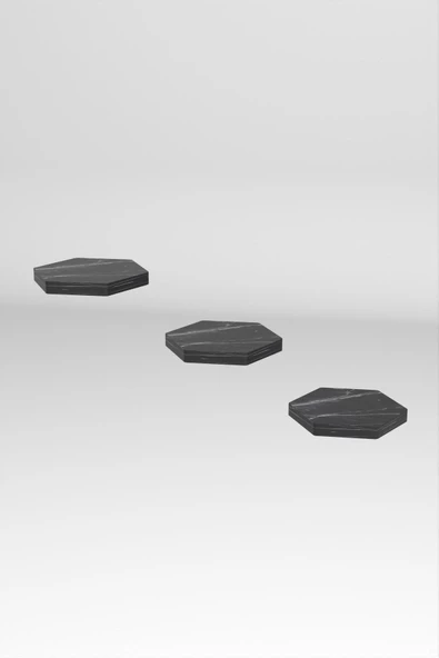 Duvar Rafı Dekoratif 3 Adet Çiçeklik Altıgen Siyah Mermer Desen - 3