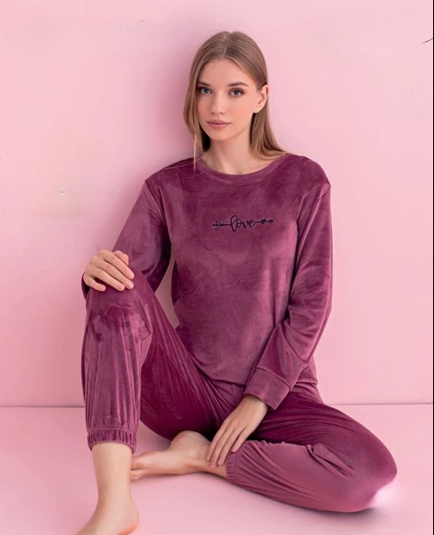 Pijamerry Kadın Kışlık Bisiklet Yaka Kadife Pijama Takımı 3030G - 1 Adet  XL Gül Kurusu
