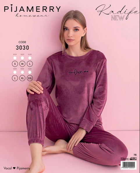 Pijamerry Kadın Kışlık Bisiklet Yaka Kadife Pijama Takımı 3030G - 1 Adet  Gül Kurusu S - 3
