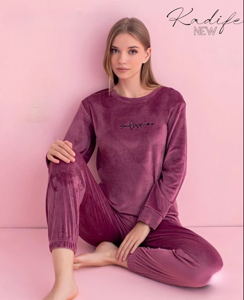 Pijamerry Kadın Kışlık Bisiklet Yaka Kadife Pijama Takımı 3030G - 1 Adet  Gül Kurusu S - 2