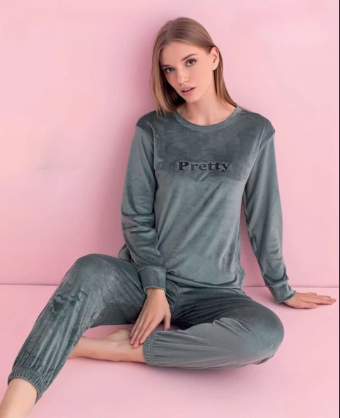 Pijamerry Kadın Kışlık Bisiklet Yaka Kadife Pijama Takımı 3035SY - 1 Adet  M Su Yeşil
