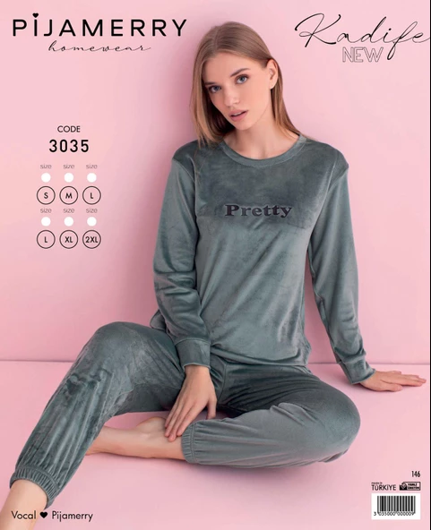 Pijamerry Kadın Kışlık Bisiklet Yaka Kadife Pijama Takımı 3035SY - 1 Adet  L Su Yeşil - 3