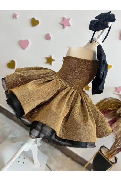 Kız Çocuk Gold Kabarık Elbise, Kız Çocuk Grenli Abiye Elbise - 7