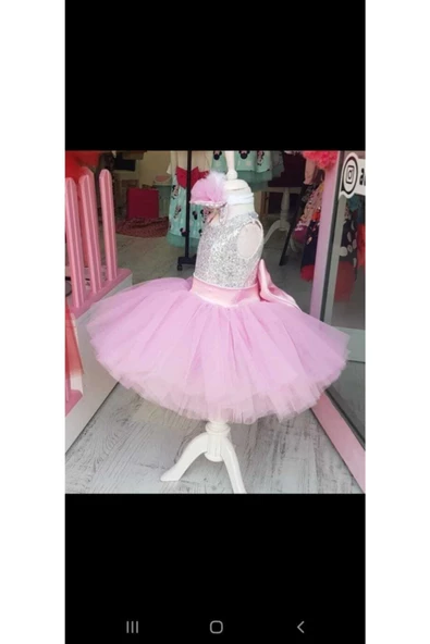 Kız Çocuk Pembe Tüllü Kabarık Gümüş Payetli Elbise - 3