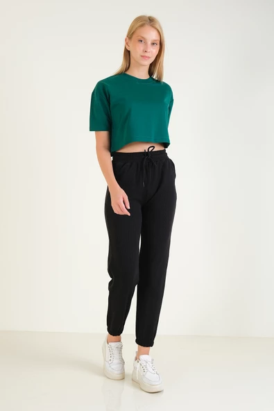 Kadın Şardonlu Paça Lastikli Eşofman Altı Siyah - 2