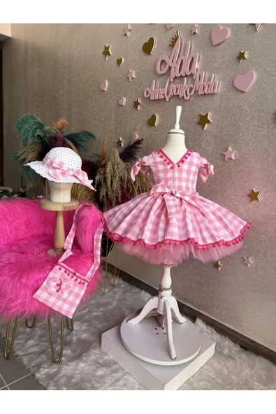 Kız Çocuk Pembe Ekose Desenli Elbise, Kız Çocuk Kabarık Pembe Elbise Şapka Çanta Çorap Takım - 2