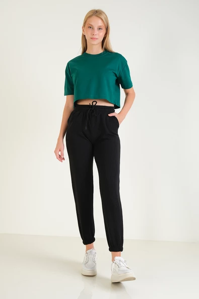 Kadın Şardonlu Paça Lastikli Eşofman Altı Siyah