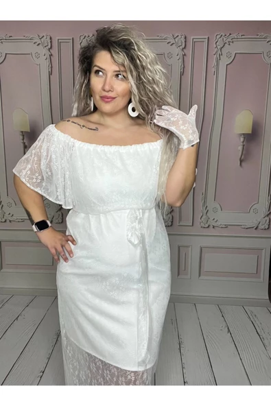 Büyük Beden Beyaz Elbise, Nikah Elbisesi, Dantel Elbise, After Party Elbise - 3