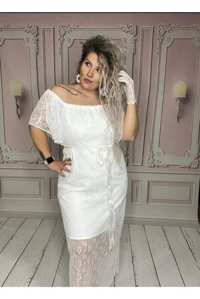 Büyük Beden Beyaz Elbise, Nikah Elbisesi, Dantel Elbise, After Party Elbise - 7