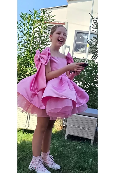 Kız Çocuk Pembe Kabarık Elbise, Pembe Grenli Saten Elbise - 2