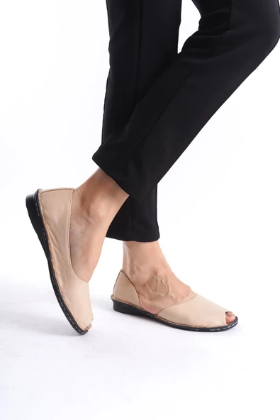 Kadın Hakiki Deri Düz Sandalet Burnu Açık Dikişli Tam Kalıp Kadın Topuksuz Günlük Sandalet - Resim 2