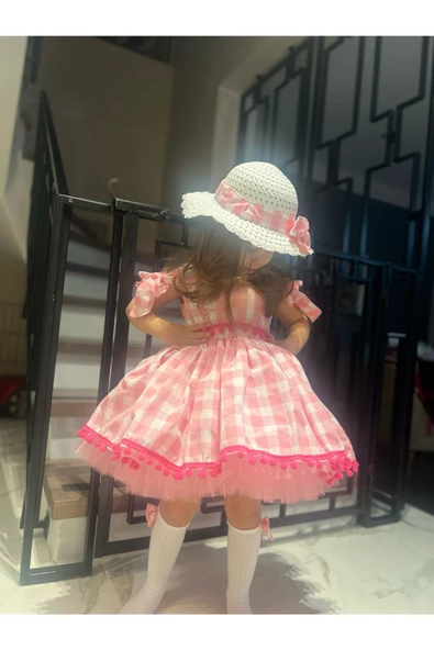 Kız Çocuk Pembe Ekose Desenli Elbise, Kız Çocuk Kabarık Pembe Elbise Şapka Çanta Çorap Takım - 3