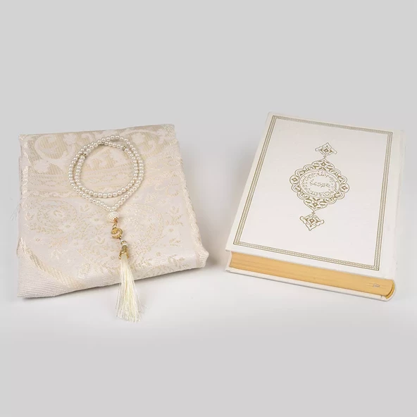 Kuran +  Seccade +  Tesbih Hediye Seti (Orta Boy, Termo Deri, Desenli Kutu, Beyaz) - Resim 3