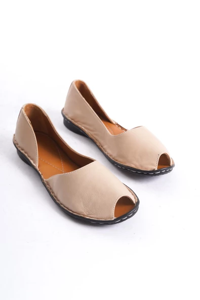 Kadın Hakiki Deri Düz Sandalet Burnu Açık Dikişli Tam Kalıp Kadın Topuksuz Günlük Sandalet - Resim 4