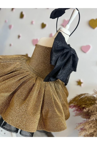 Kız Çocuk Gold Kabarık Elbise, Kız Çocuk Grenli Abiye Elbise - 8