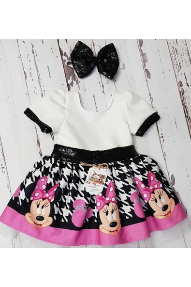 Kız Çocuk Pembe Beyaz Mickey Mouse Kaz Ayağı Desenli Payet Detaylı Tüllü Elbise - 3