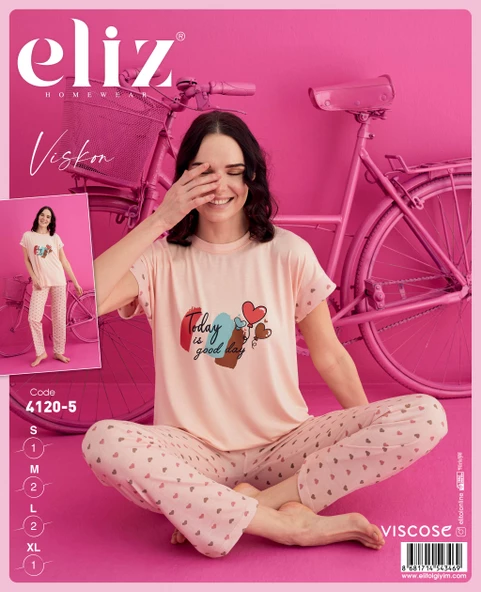 ELİZ 4120-5 SOMON KALPLİ BAYAN VİSKON PIJAMA TAKIM - 2