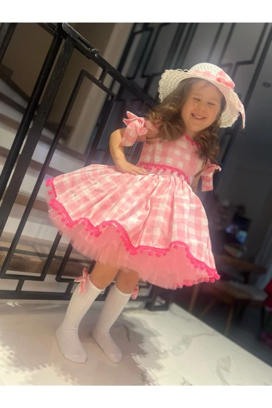 Kız Çocuk Pembe Ekose Desenli Elbise, Kız Çocuk Kabarık Pembe Elbise Şapka Çanta Çorap Takım - 6