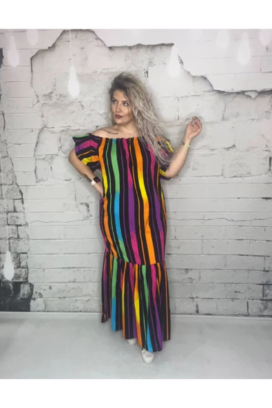 Büyük Beden Renkli Çizgili Tasarım Elbise, Madonna Yaka Elbise - 6