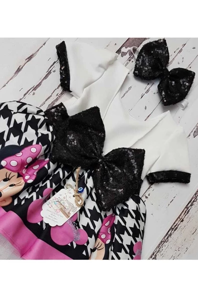 Kız Çocuk Pembe Beyaz Mickey Mouse Kaz Ayağı Desenli Payet Detaylı Tüllü Elbise - 2