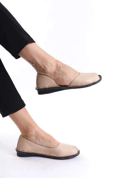 Kadın Hakiki Deri Düz Sandalet Burnu Açık Dikişli Tam Kalıp Kadın Topuksuz Günlük Sandalet - Resim 3