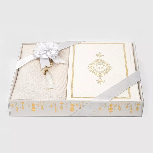 Kuran +  Seccade +  Tesbih Hediye Seti (Orta Boy, Termo Deri, Desenli Kutu, Beyaz) - Resim 2