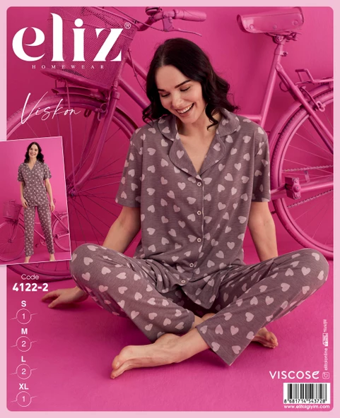 ELİZ 4122-2 KAHVE BAYAN VİSKON DÜĞMELİ PIJAMA TAKIM