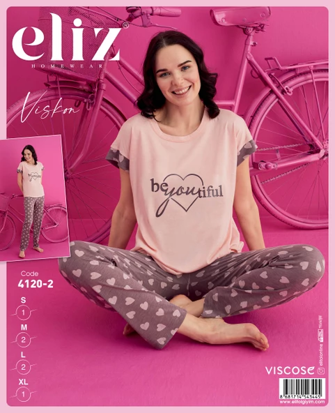 ELİZ 4120-2 KAHVE KALPLİ BAYAN VİSKON PIJAMA TAKIM