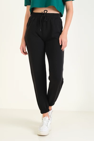 Kadın Şardonlu Paça Lastikli Eşofman Altı Siyah - 4