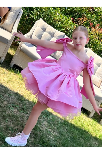 Kız Çocuk Pembe Kabarık Elbise, Pembe Grenli Saten Elbise - 3