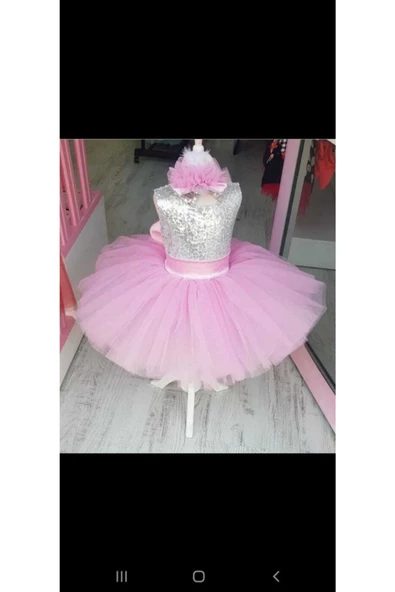 Kız Çocuk Pembe Tüllü Kabarık Gümüş Payetli Elbise - 2