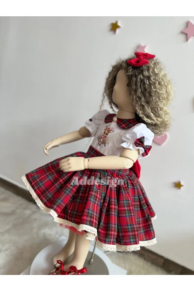 Kız Çocuk Ekose Elbise, Ekose Vintage Elbise, Kız Çocuk Yeni Yıl Elbisesi - 4